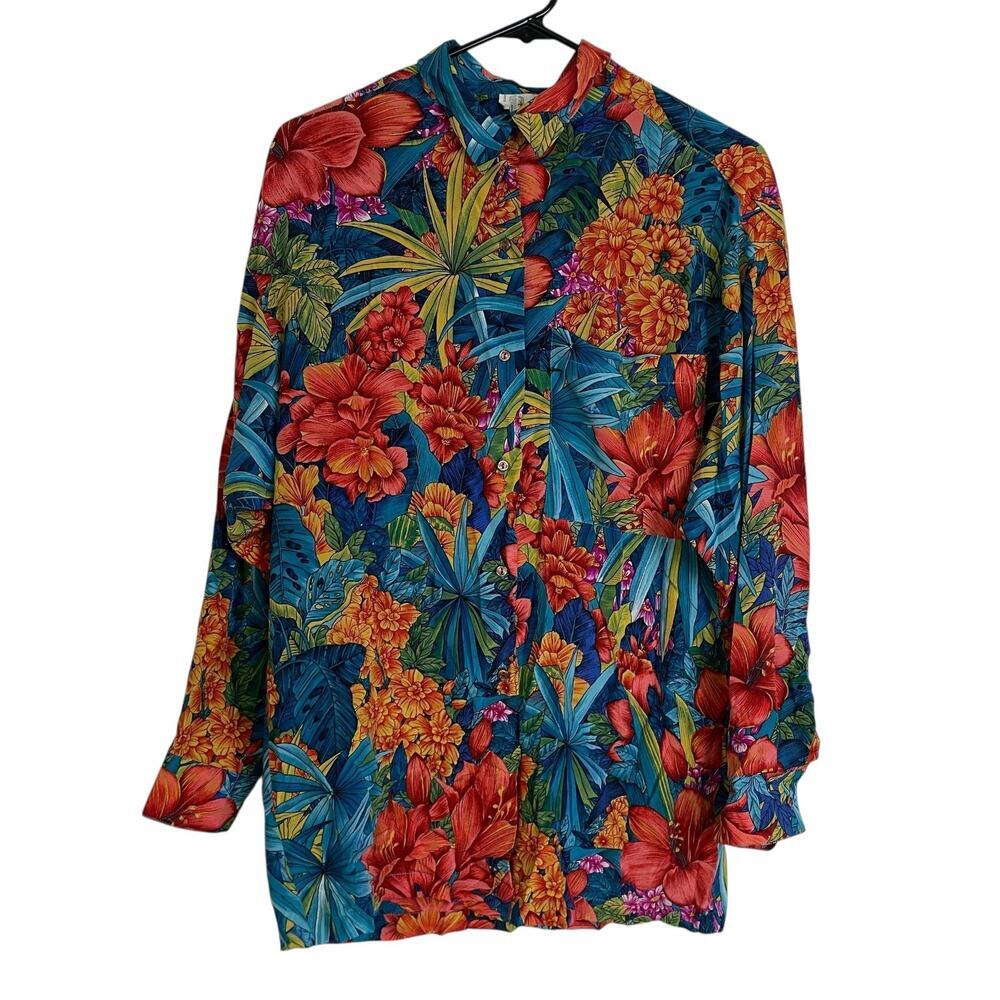 Vtg Dana Cote D'Azeur Silk Blouse Womens Size 40 Blue Floral Button Up France